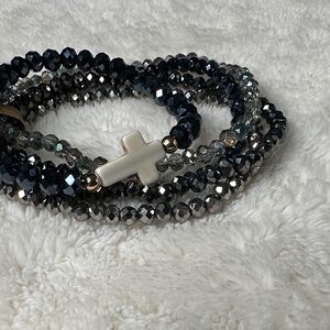 Beaded Bracelet Set of 5 Navy, Black & Silver, Cross Charm NWT Faith Gifts